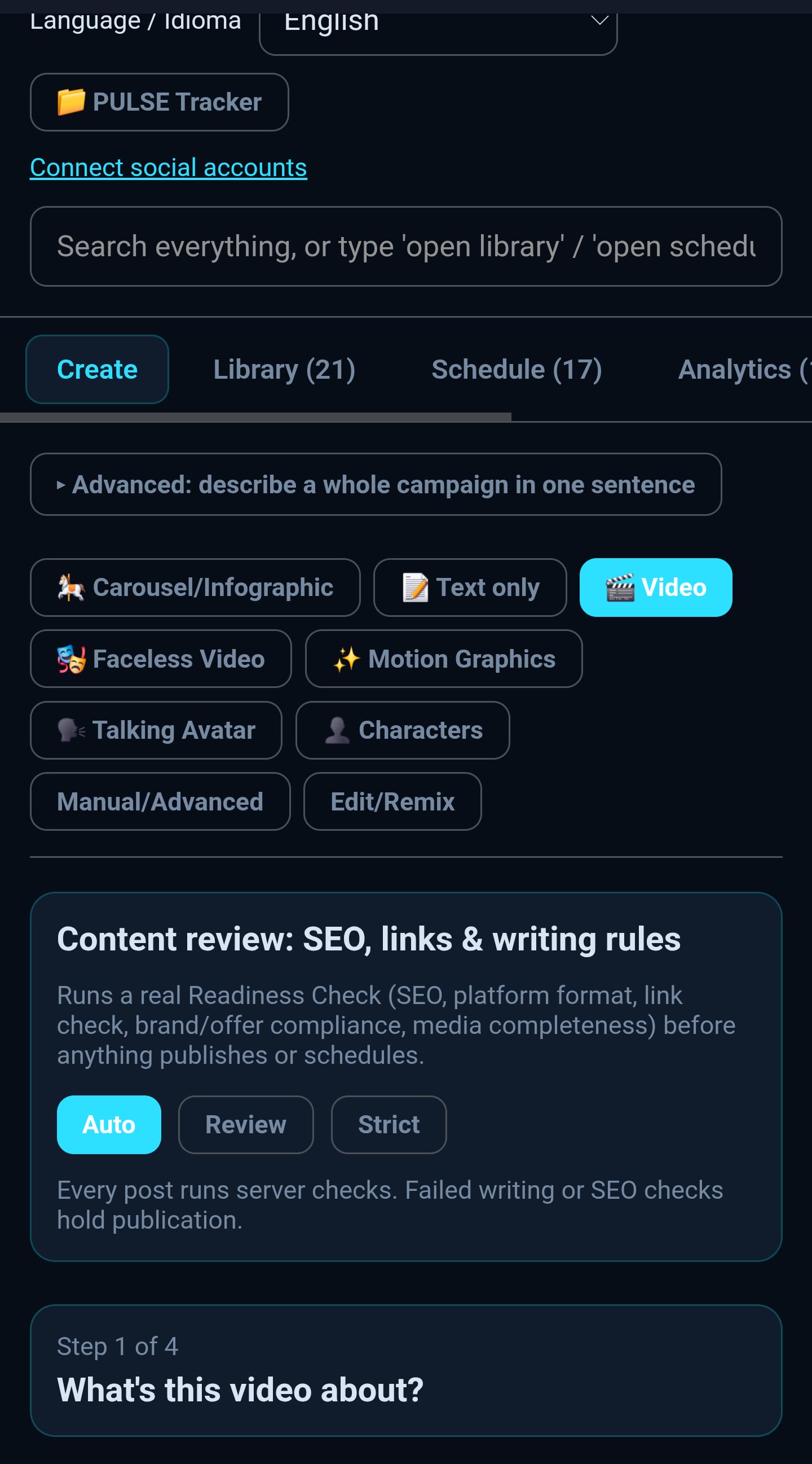 Live Pulse Studio Create on mobile with Video mode selected, content review controls, and Library (21) and Schedule (17) visible in the navigation