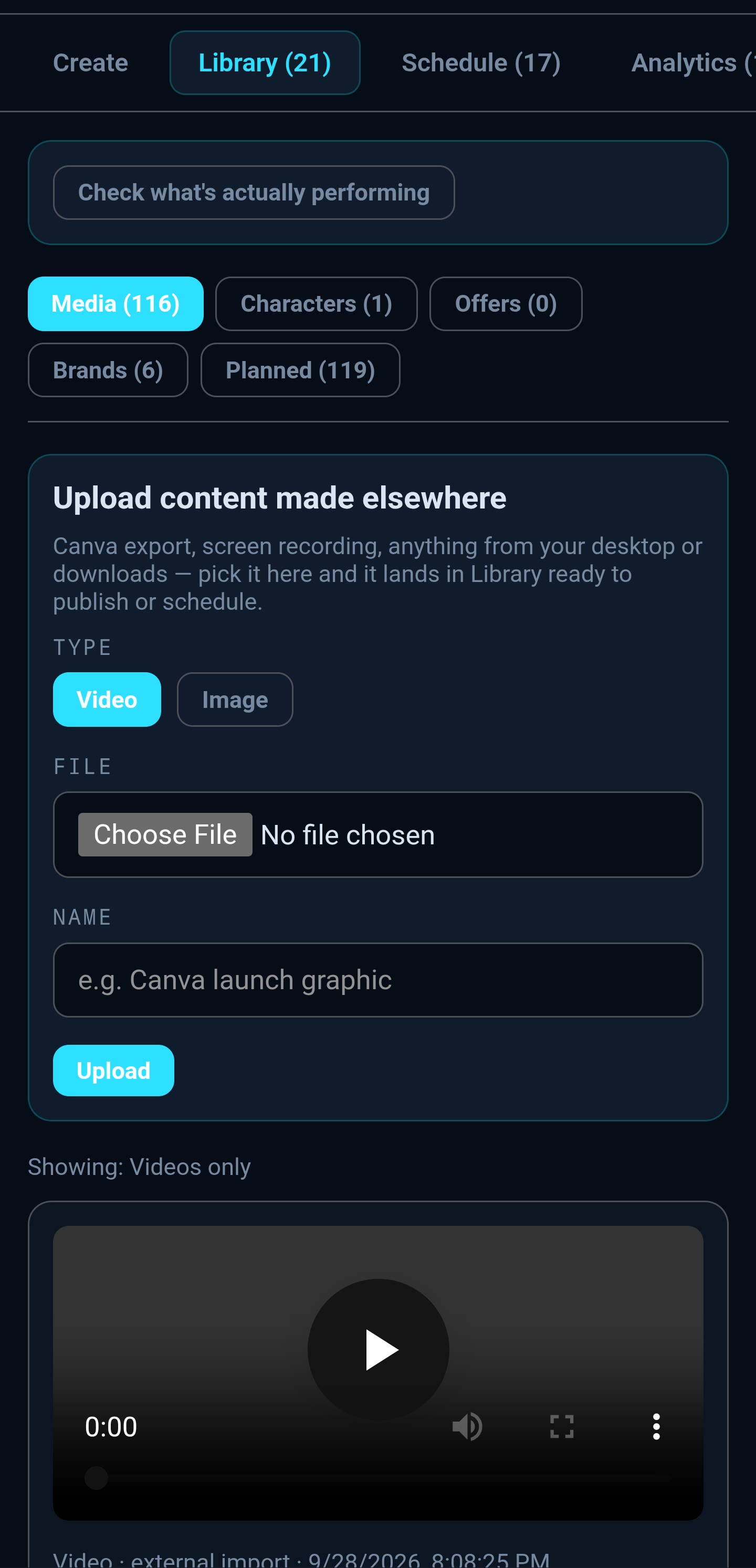 Live Pulse Studio Library on mobile showing Media (116), upload controls, and an imported video