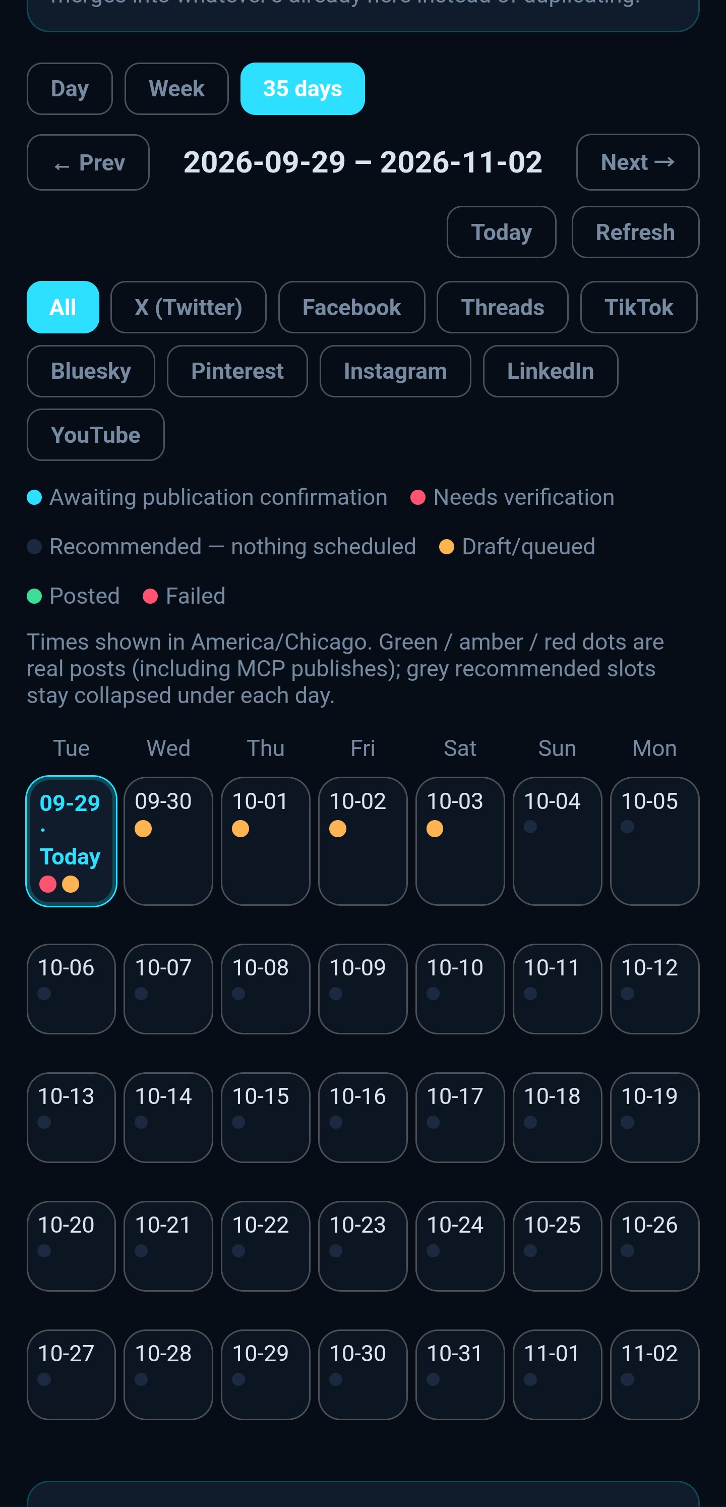 Live Pulse Studio Schedule on mobile showing a 35-day calendar, network filters, and status dots